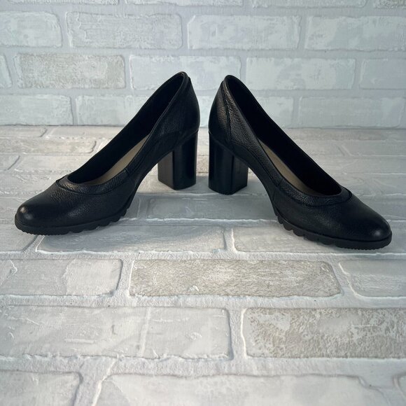 Hush Puppies Pumps Heels Womens 8 Black Pebbled Leather Chunky Stacked Block - Picture 7 of 12